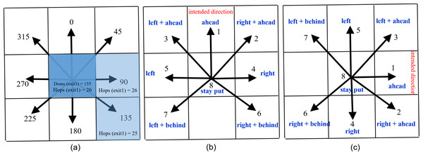 (A) Spread of floor field. (B), (C) Next cell selection mechanism.