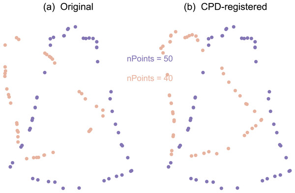 Example point set registration using the coherent point drift (CPD) algorithm.