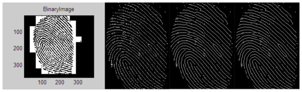 (A) Binarization (B) thinned image (C) feature (Ridge & bifurcation) extraction (D) QR code of the fingerprint input image.