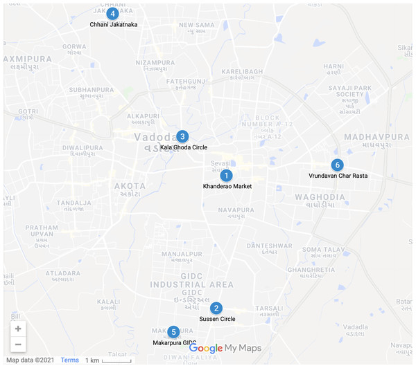 Cross-Roads undertaken for analytics from Vadodara City—(Map data ©2021 Google).