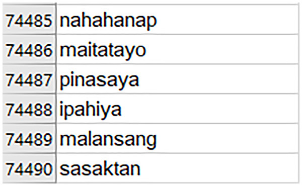 Sample entries of the Tagalog dictionary obtained from compiling 74,490 words from Tagalog word archives publicly available online.