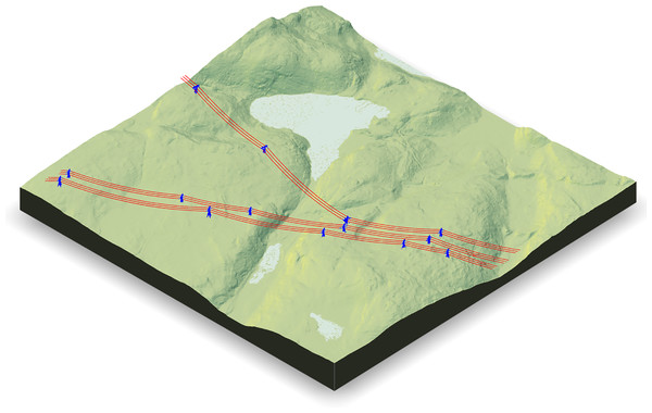3D rendering of points classified as part of the electrical network on a 4 km2, true scale, digital terrain model.