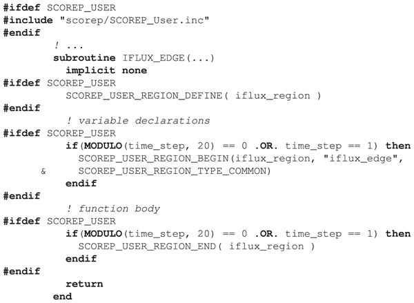 Example of a manual (user-defined) code instrumentation with Score-P; the optional if clauses ensure measurements are collected only at the desired time-steps.