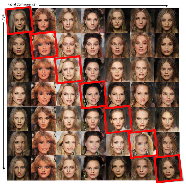 Examples of facial image augmentation results using 50 training images, with face components and hairstyles in different training images swapped in the edges as conditional inputs so as to generate diverse facial images.