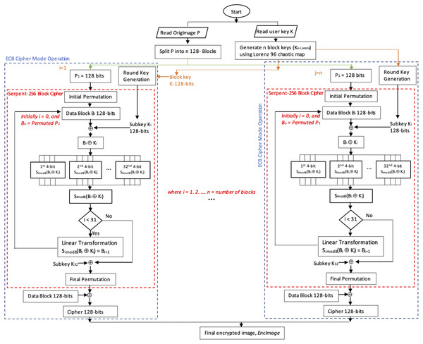 Flowchart depicting the encryption process of the proposed enhanced Serpent-256-ECB with Lorenz 96.