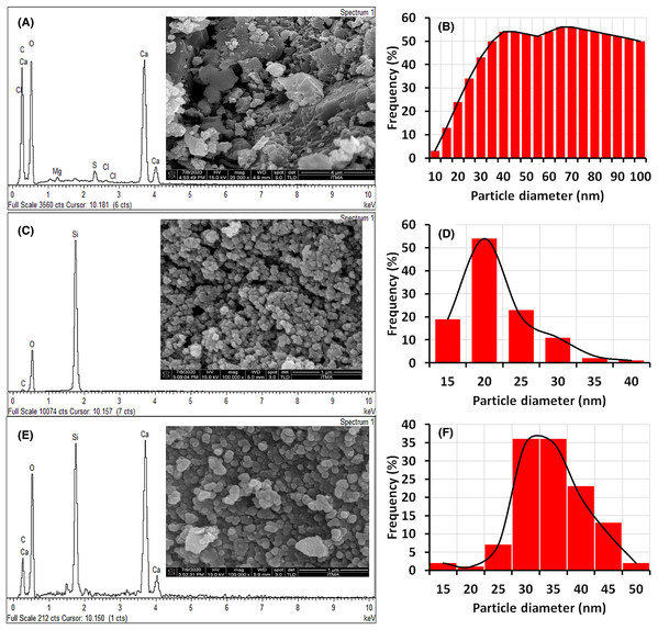 FESEM macrograph and EDX spectra of (A) ESCaCO3, (C) RHSiO2, (E) CS–SiO2/CaCO3 nanocomposite and their corresponding particle size (B, D and F).