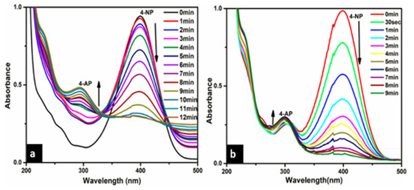 Time dependent UV-Vis absorption spectra for the catalytic reduction of 4-NP by NaBH4 in the presence of (A) Ca-AgNPs and (B) PEGMA-AgNPs respectively.