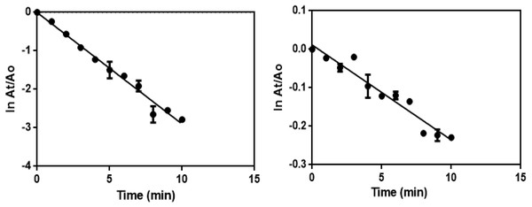 First order kinetics plot for the catalytic reduction of 4-NP by NaBH4 in the presence of (A) Ca-AgNPs and (B) PEGMA-AgNPs, respectively.