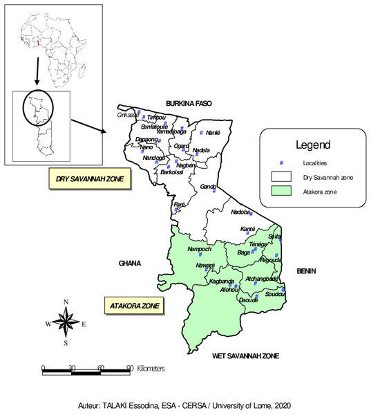 Map of Dry Savannah and Atakora agroecological zones in northern Togo with the locations of guinea fowl sampled.