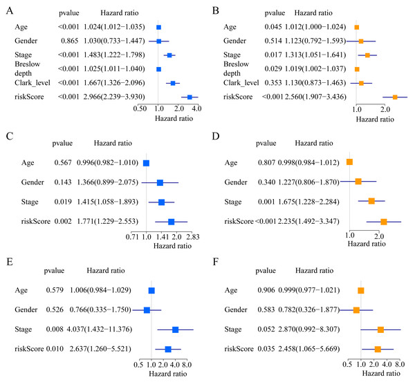 Forest plots of univariate and multivariate Cox regression analyses in different cohorts.