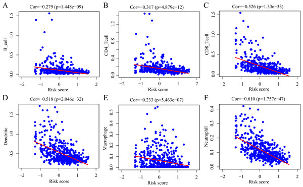 Spearman correlation of the risk score and infiltration abundance of six types of immune cells.