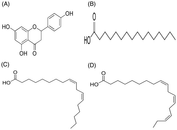 Structural formula of naringenin (A) and the chemical structures of palmitic acid, C16:0 (B), linoleic acid, C18:2n6c (C), and α-linolenic acid, C18:3n3 (D).
