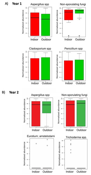 Individual fungi normalized abundance boxplots by sampling location (Indoor, Outdoor).