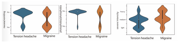 The correlation between headache severe intensity, nausea/vomiting, and photophobia/phonophobia.