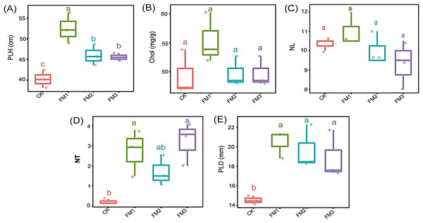 Agronomic characteristics of sugarcane. (A) PLH, plant height; (B) Chol, Leaves chlorophyll content; (C) NL, Number of leaves; (D) NT, Number of tillers; (E) PLD, Plant diameter.