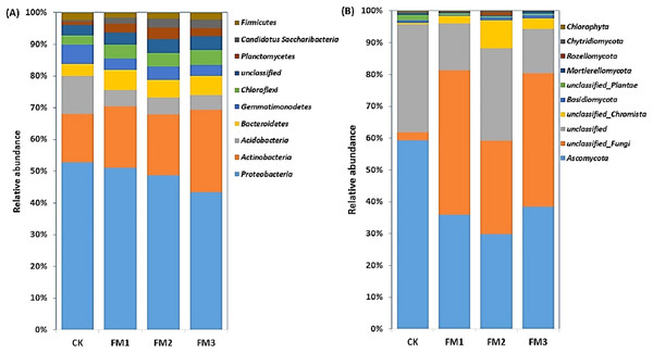 Relative abundance of soil (A) bacterial and (B) fungal community at phylum level.