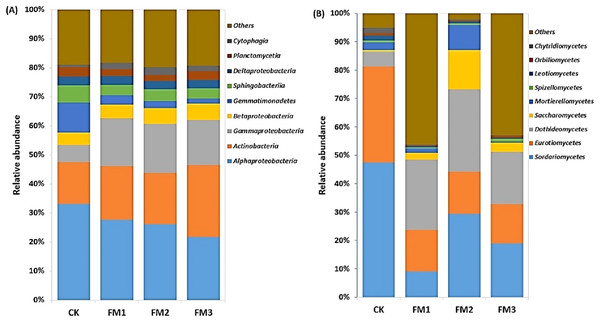 Relative abundance of soil (A) bacterial and (B) fungal community at class level. CK (control), FM: Filtered mud, FM1 (FM:soil at 1:4), FM2 (FM:soil at 2:3), FM3 (FM:soil at 3:2).