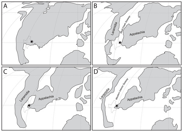 Paleogeographic maps of the mid-Cretaceous interval.