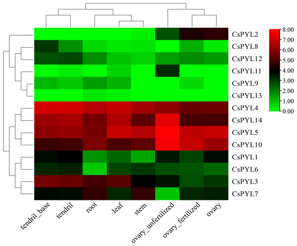 Tissue-specific digital expression profifiles of the CsPYL genes in cucumber.