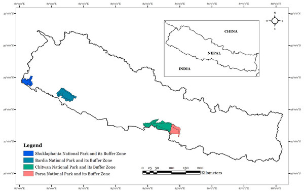 Location of National Parks (Shuklaphanta, Bardia, Chitwan and Parsa) with extant rhinoceros population in Nepal.