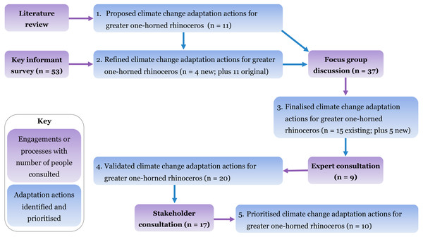 The methodological approach for identifying and prioritising climate change adaptation actions for rhinoceros conservation in Nepal.