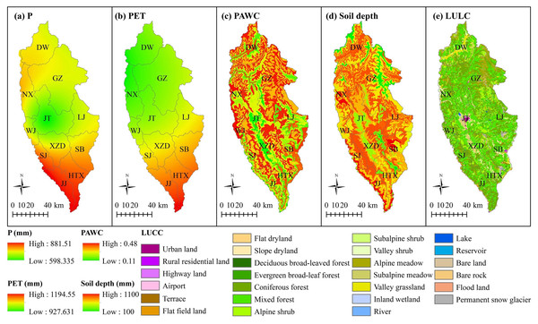 Spatial distributions of the InVEST model input data for 2015 for application to Shangri-La City, Yunnan Province, China.