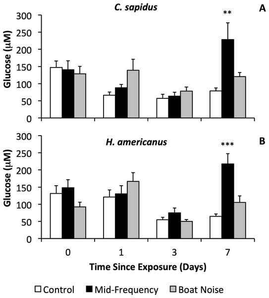 Sound treatment effects on hemolymph glucose levels in C. sapidus and H. americanus.