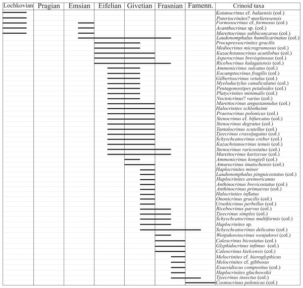Stratigraphic ranges of crinoid taxa recorded in Devonian of Poland.