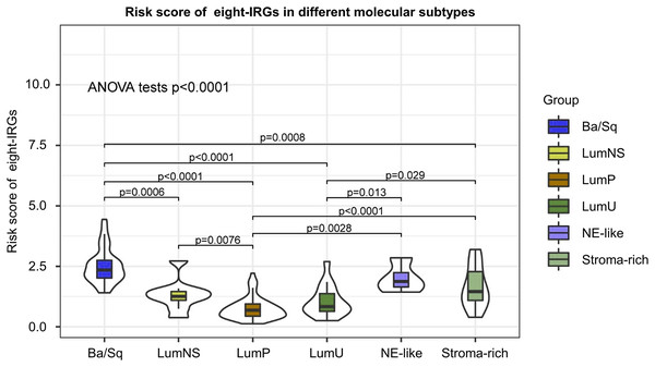 Risk score of novel eight-gene signature in six bladder cancer molecular subtypes.