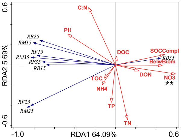 Redundancy analysis (RDA) of respiration at different treatments and temperatures.