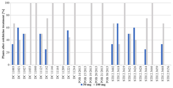 Percent of plants [%] after colchicine treatment depending on two tested 2,4-D concentrations: 50 mg/L –blue bars or 100 mg/L –grey bars.