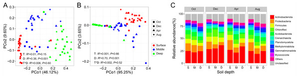Principal coordinate analysis (PCoA) of soil bacterial community (A) and archaeal community (B); relative abundance of prokaryotic phyla shifts along soil profile (C).