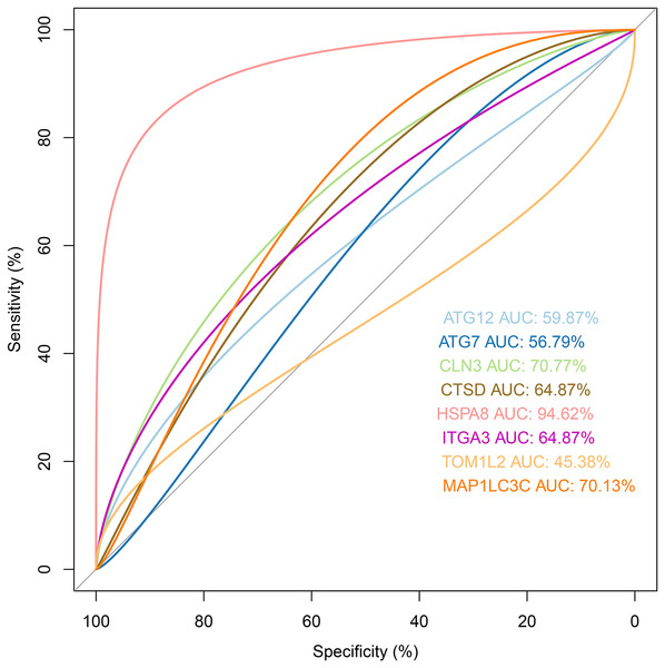  ROC analysis for the eight prognostic genes in the validation dataset.