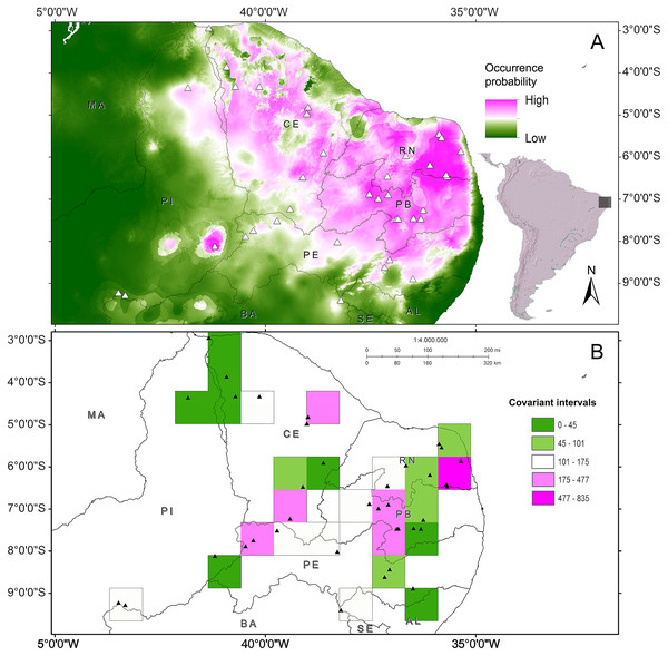 Distribution of Proceratophrys cristiceps within the Caatinga biome and in transition areas.