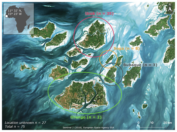 Overview of the study sites in the Bijagós Archipelago, Guinea-Bissau.