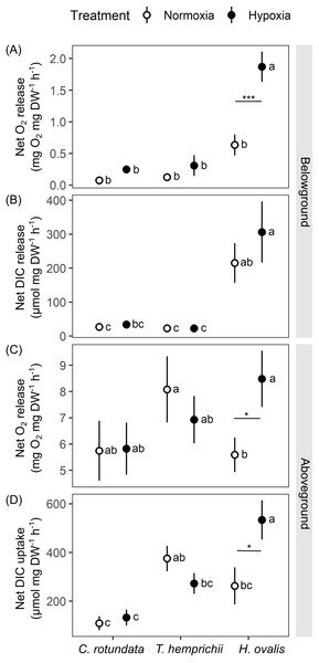 Net oxygen and dissolved inorganic carbon (DIC) exchange rates in belowground (BG) and aboveground (AG) tissues in three tropical seagrasses exposed to contrasting oxygen levels in the belowground compartment.