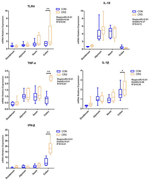 The change of relative gene expression levels of TLR4 and cytokines between CON (n = 11) and CRS groups (n = 8).