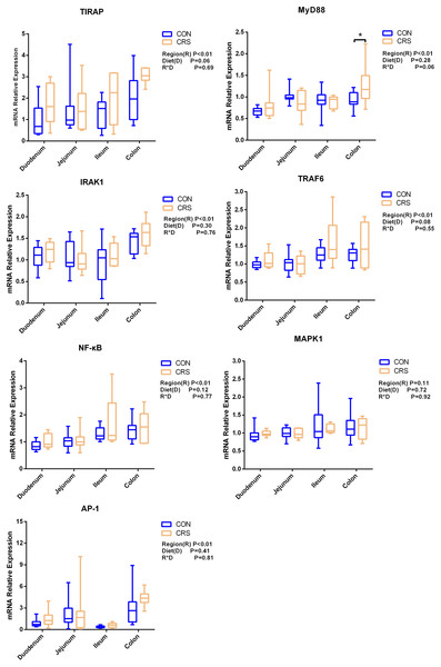 The change of relative gene expression levels of MyD88-dependent pathway between CON (n = 11) and CRS groups (n = 8).