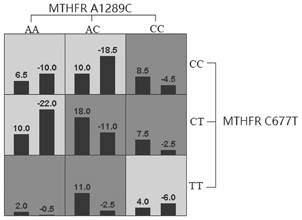 Forest plot of logistic regression analysis of the influence of genes and occupational stress.