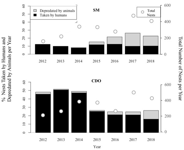 Percent of olive ridley turtle (L. olivacea) nests depredated by animals and humans seasonally, along with total nests, from 2012 to 2018, in San Miguel (SM) and Costa de Oro (CDO).