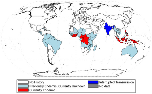 World map of endemic history and prevalence of yaws.