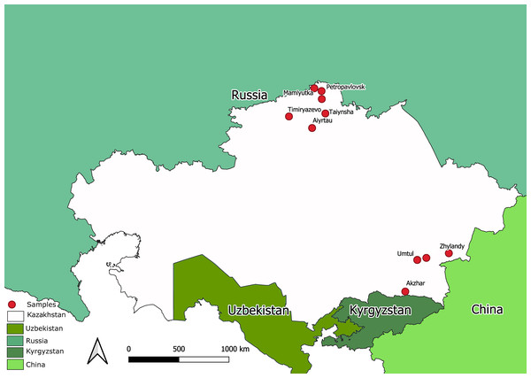 Map of Kazakhstan (with adjacent territories of neighbor countries) showing locations where samples were collected for full-genome sequencing.