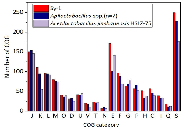 Comparison of the distribution of genes by COG functional category for strain Sy-1, Acetilactobacillus jinshanensis HZL-75T and Apilactobacillus spp.