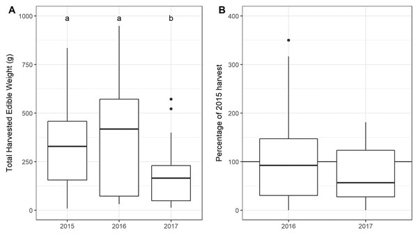 (A) Total weight harvested from each plot across sampling year. (An outlier point in 2015 is not shown—Plot 10 = 1,907 g). (B) The percentage of the 2015 harvest in subsequent years.