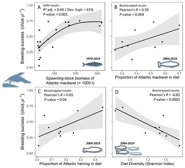 Relationships between gannet breeding success and (A) biomass of Atlantic mackerel, (B) proportion of Atlantic mackerel in diet, (C) proportion of Atlantic herring in diet, and (D) diet diversity (according to the Shannon H-index calculation where the lowest values characterize a less diversified diet).