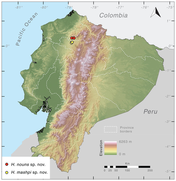Distribution of Hyalinobatrachium mashpi sp. nov. and H. nouns sp. nov. in Ecuador.