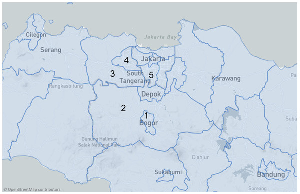 A map of locations from which samples were obtained in Bogor and surrounding areas.