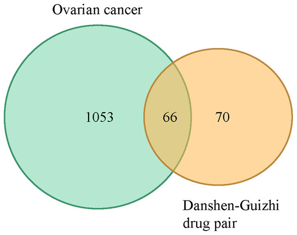 Venn diagram of active components of the Danshen-Guizhi drug pair and targets of ovarian cancer.