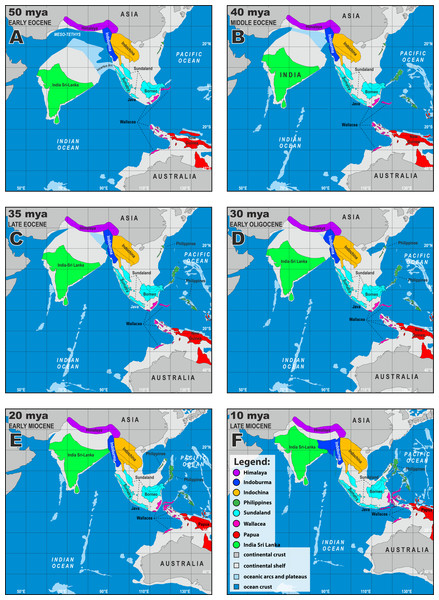 Paleogeographical reconstructions of the Indian Ocean and Southeast Asia from 50–10 mya (A–F).