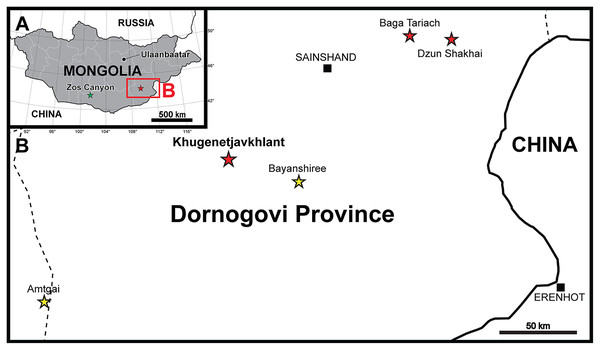 Maps of the locality where the new skeleton of Yamaceratops dorngobiensis (MPC-D 100/553) was discovered.